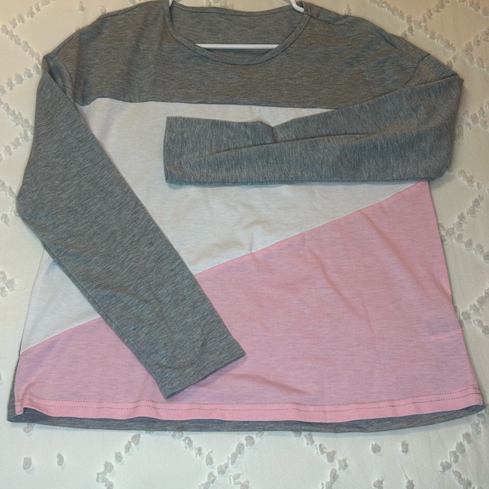 SHEIN Women's Long Sleeve Color Block Tee - Gray, White, Pink